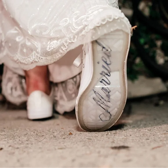 Wedding MRS Converse White Textured Sneakers with Ribbon Laces - Picture 6 of 8